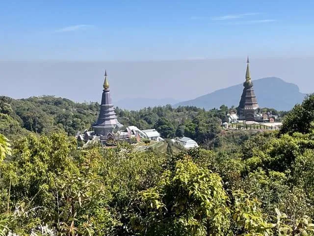 the twin royal pagodas, at a viewpoint during the Kew Mae Pan nature trail